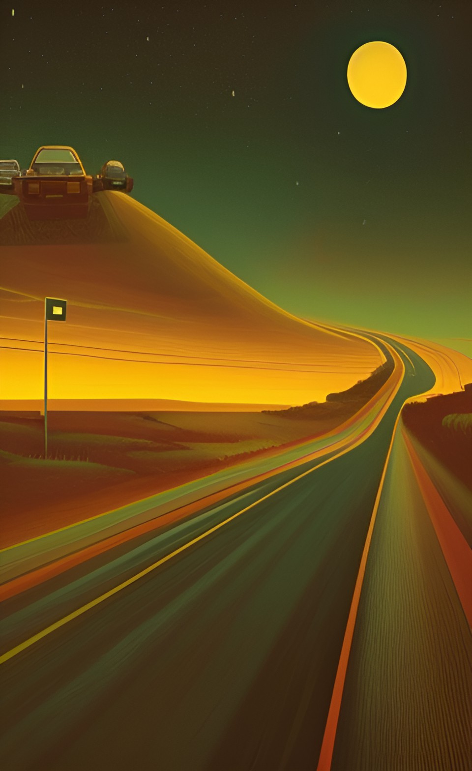 road in the middle of nowhere, car lights in the distance, empty hills, city far away, at dusk preview