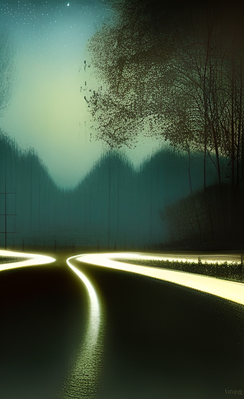 road in the middle of nowhere, car lights in the distance, empty hills, city far away, at dusk preview