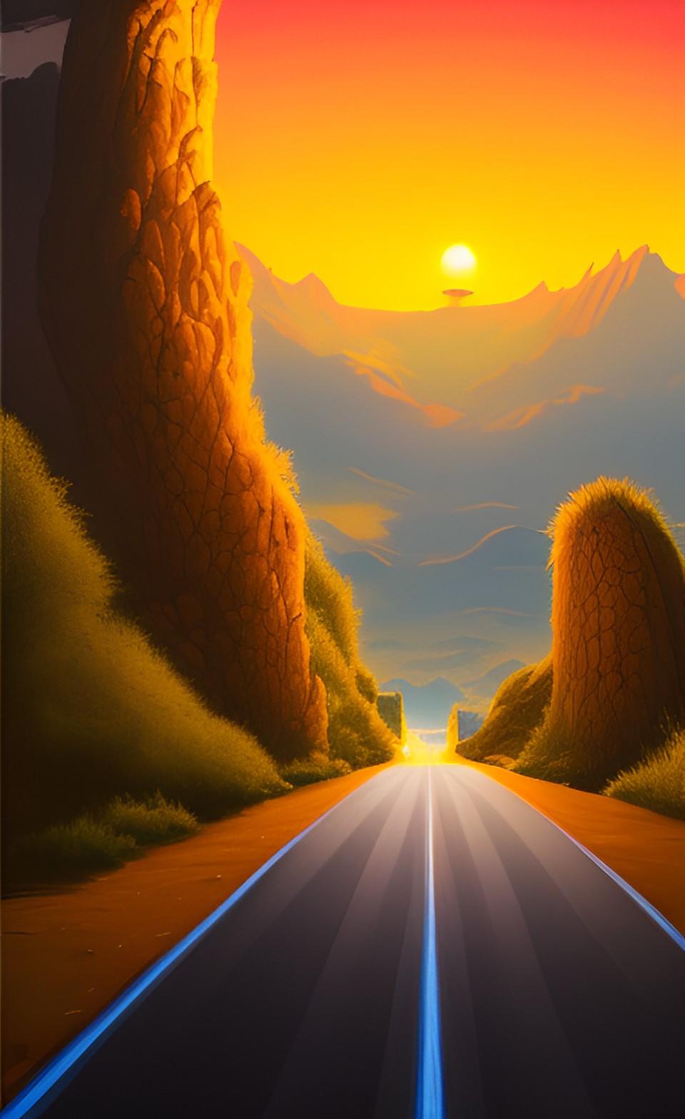 road in the middle of nowhere, car in the distance, empty hills, city far away, at dusk preview