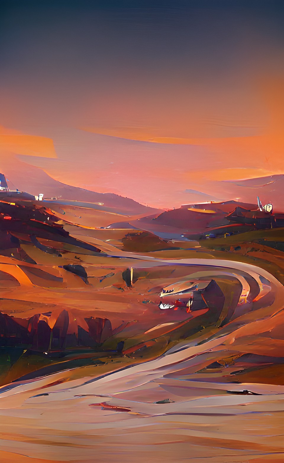 road in the middle of nowhere, car in the distance, empty hills, city far away, at dusk preview