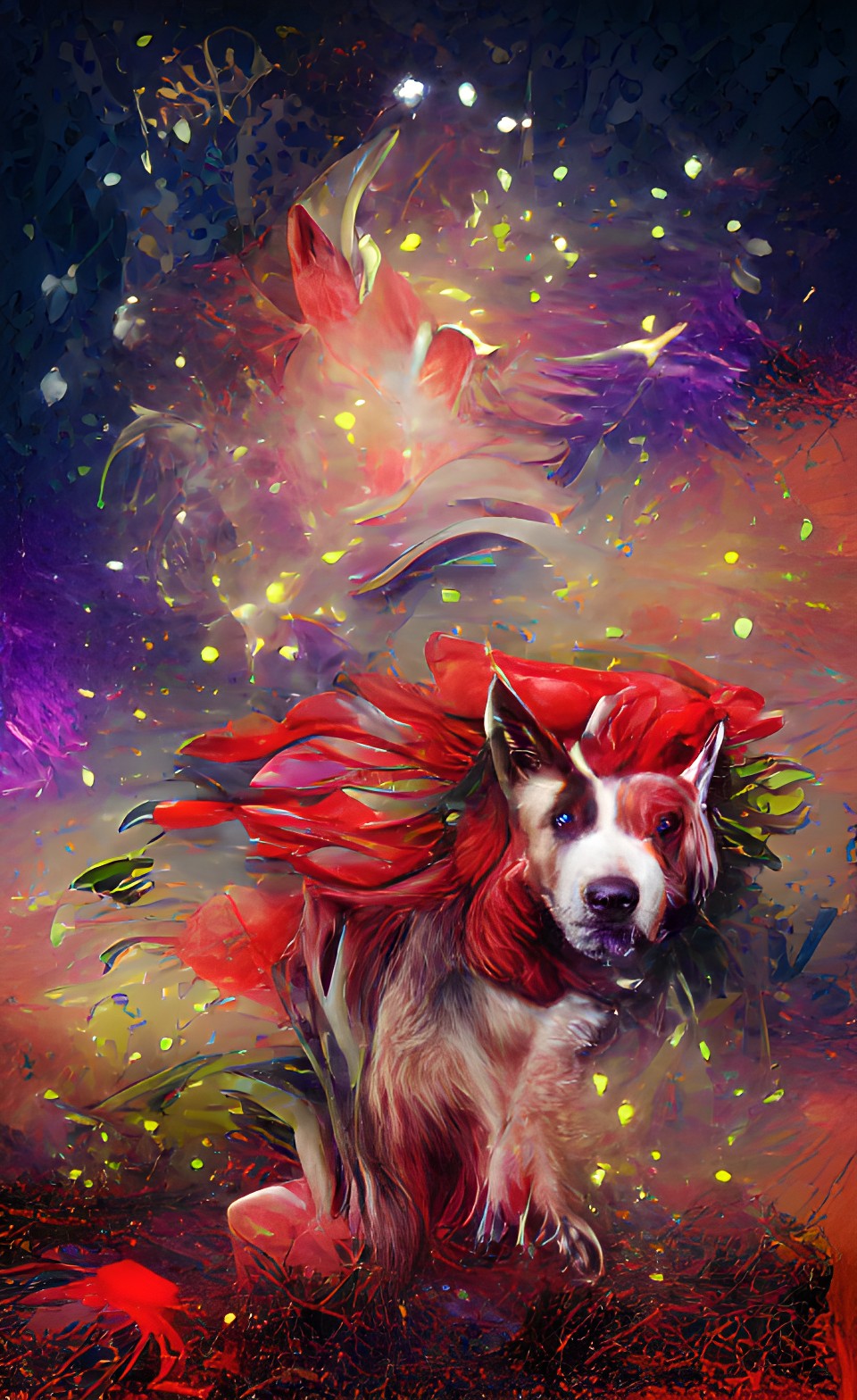 spirit dog, red,stars flowers, melda preview