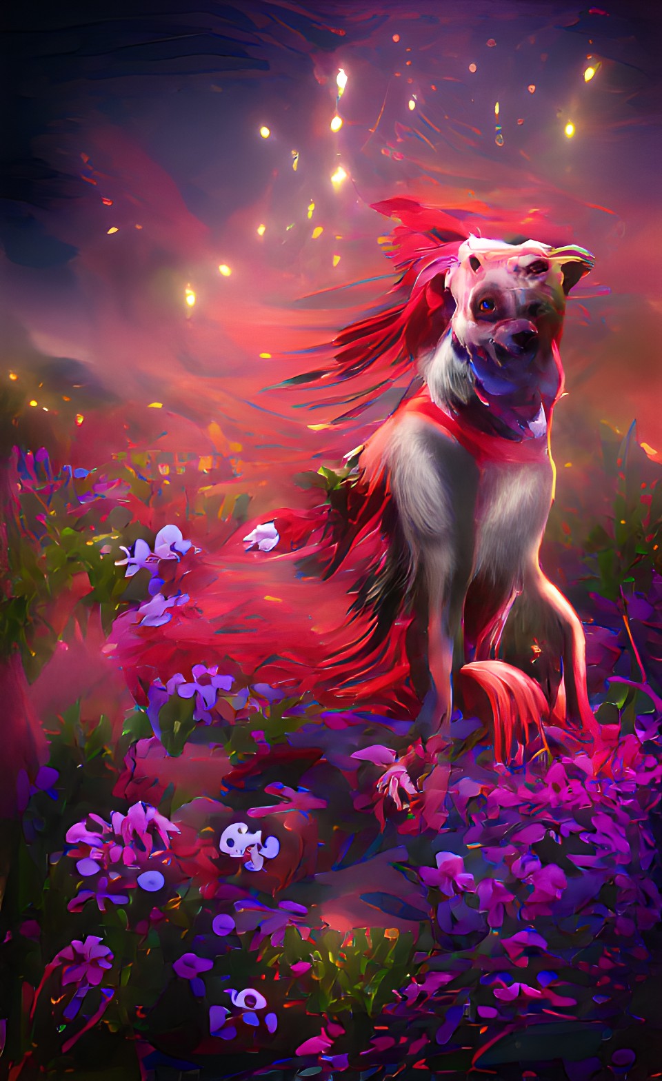 spirit dog, red,stars flowers, melda preview