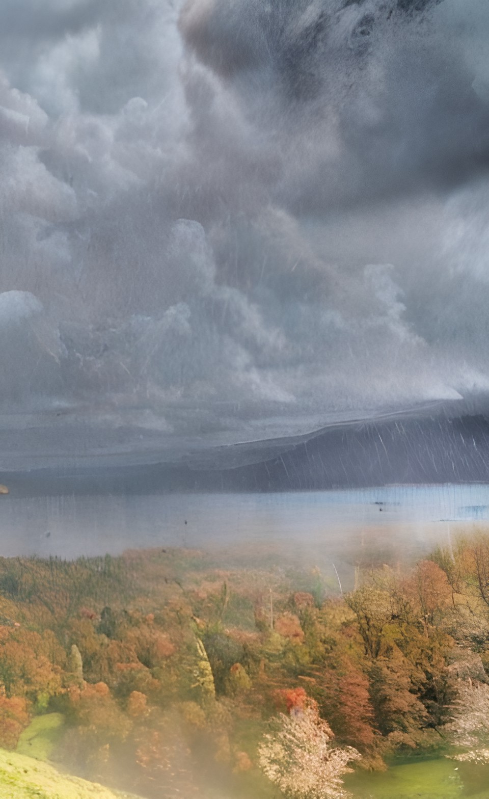 dark clouds, lake, forest, fantasy landscape, atmospheric, ominous preview