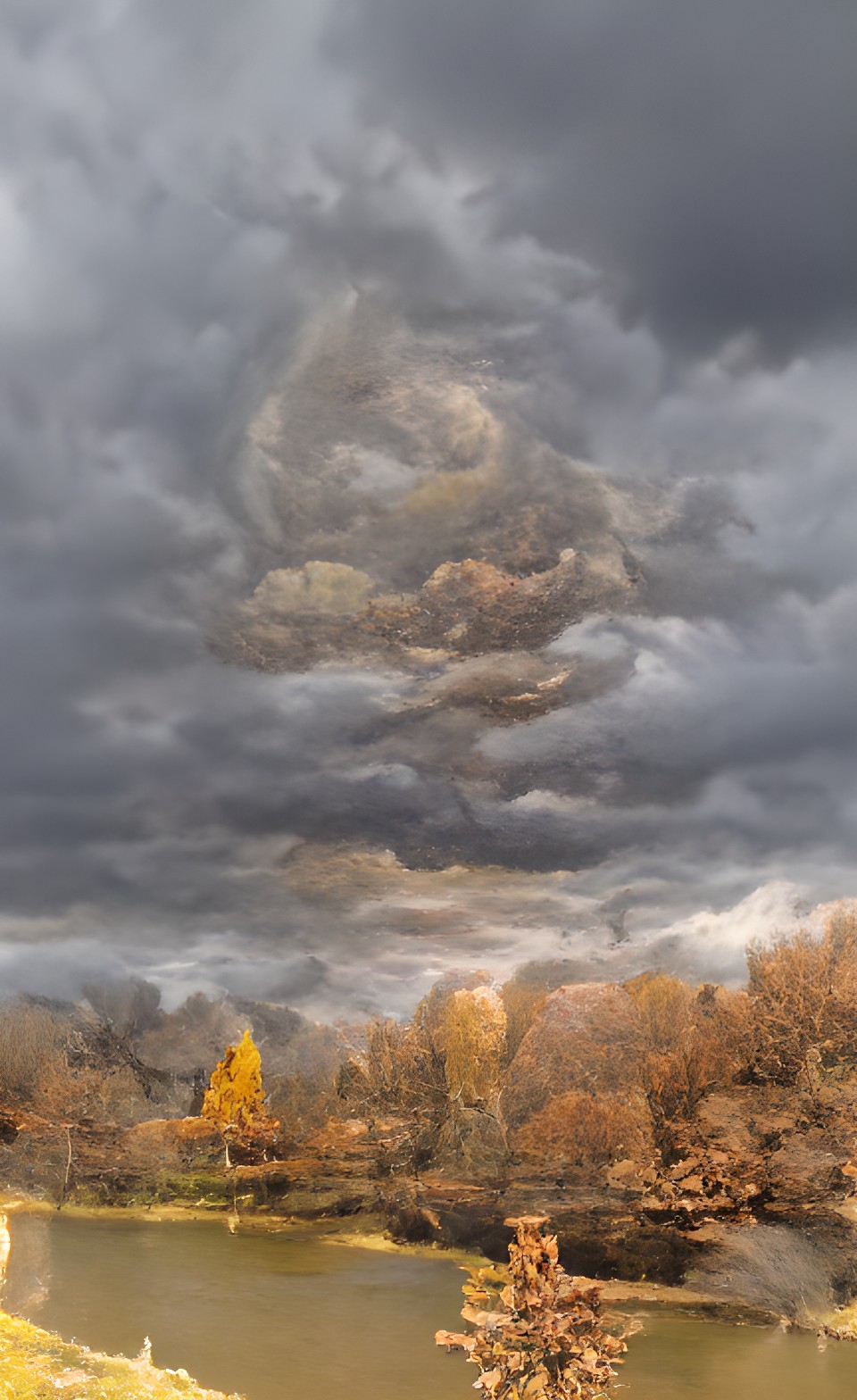 storm is coming, dark clouds, lake, trees, november, golden hour preview