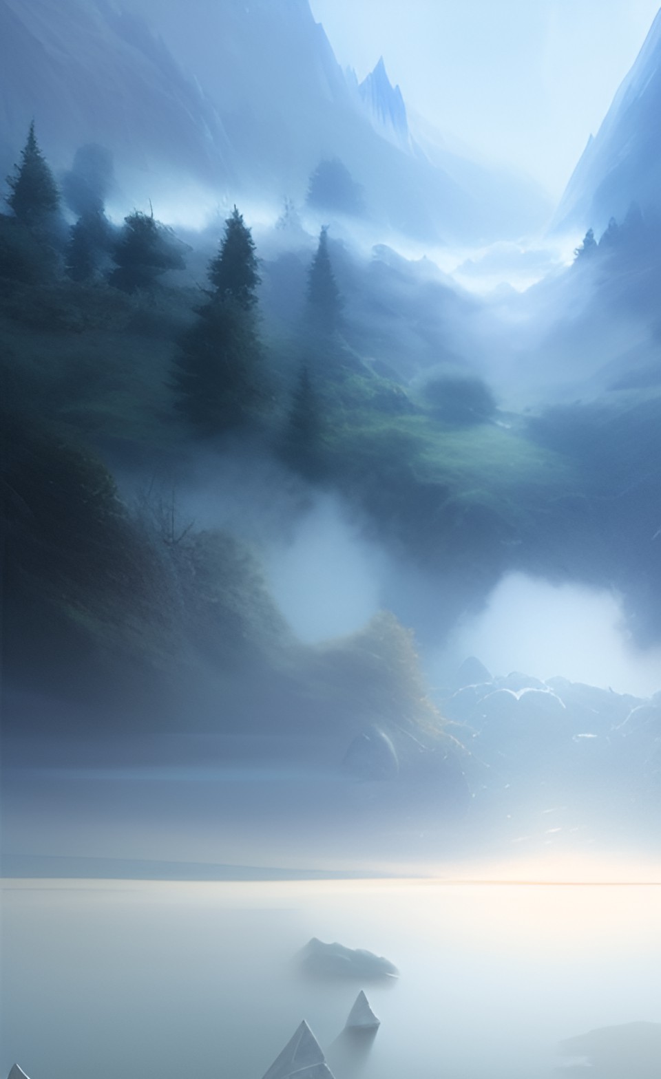 lake on a cloud with fog and white light preview