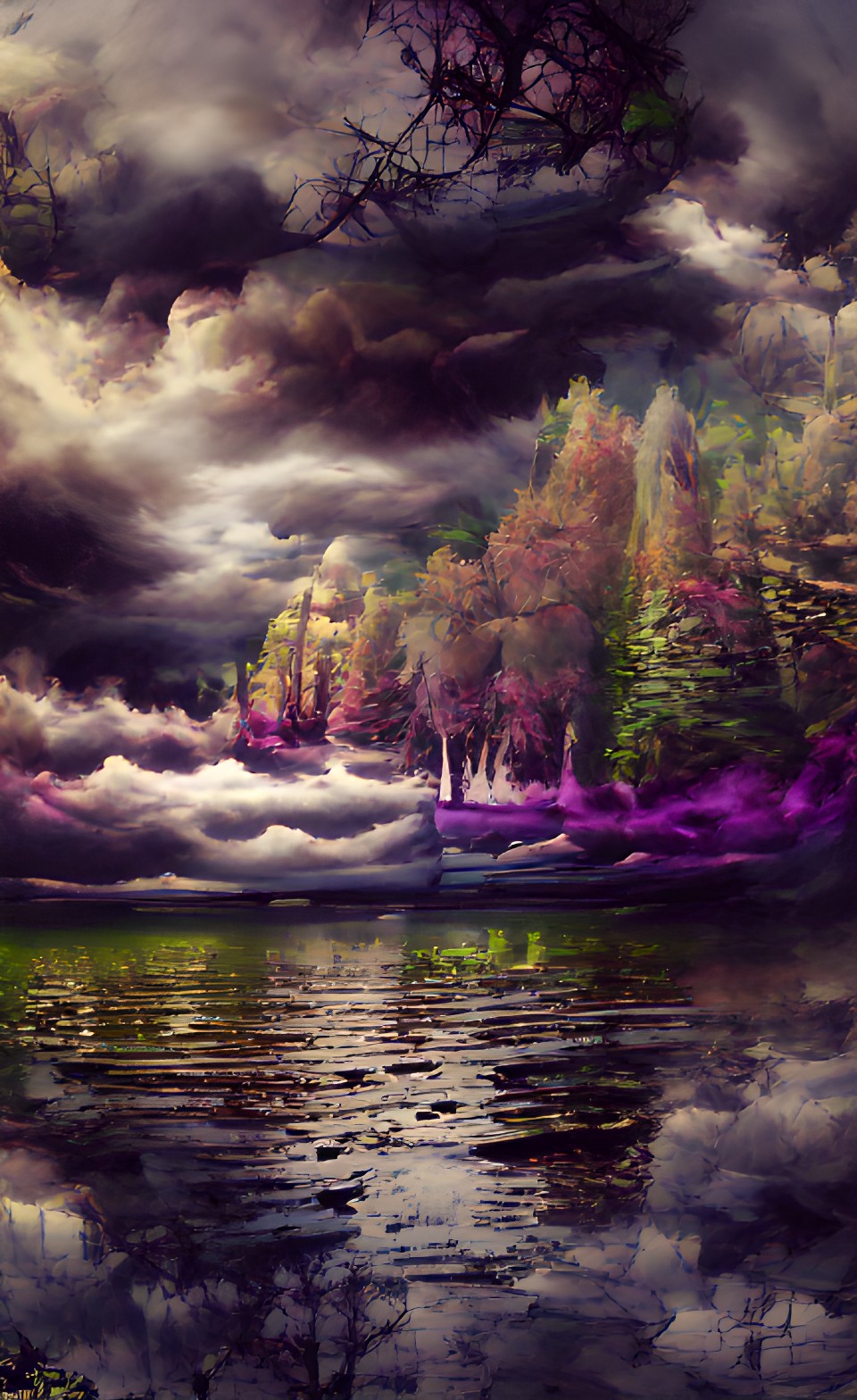 dark clouds, lake, forest, fantasy landscape, atmospheric, ominous preview