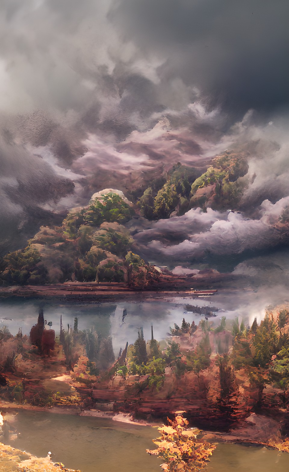 dark clouds, lake, forest, fantasy landscape, atmospheric, ominous preview