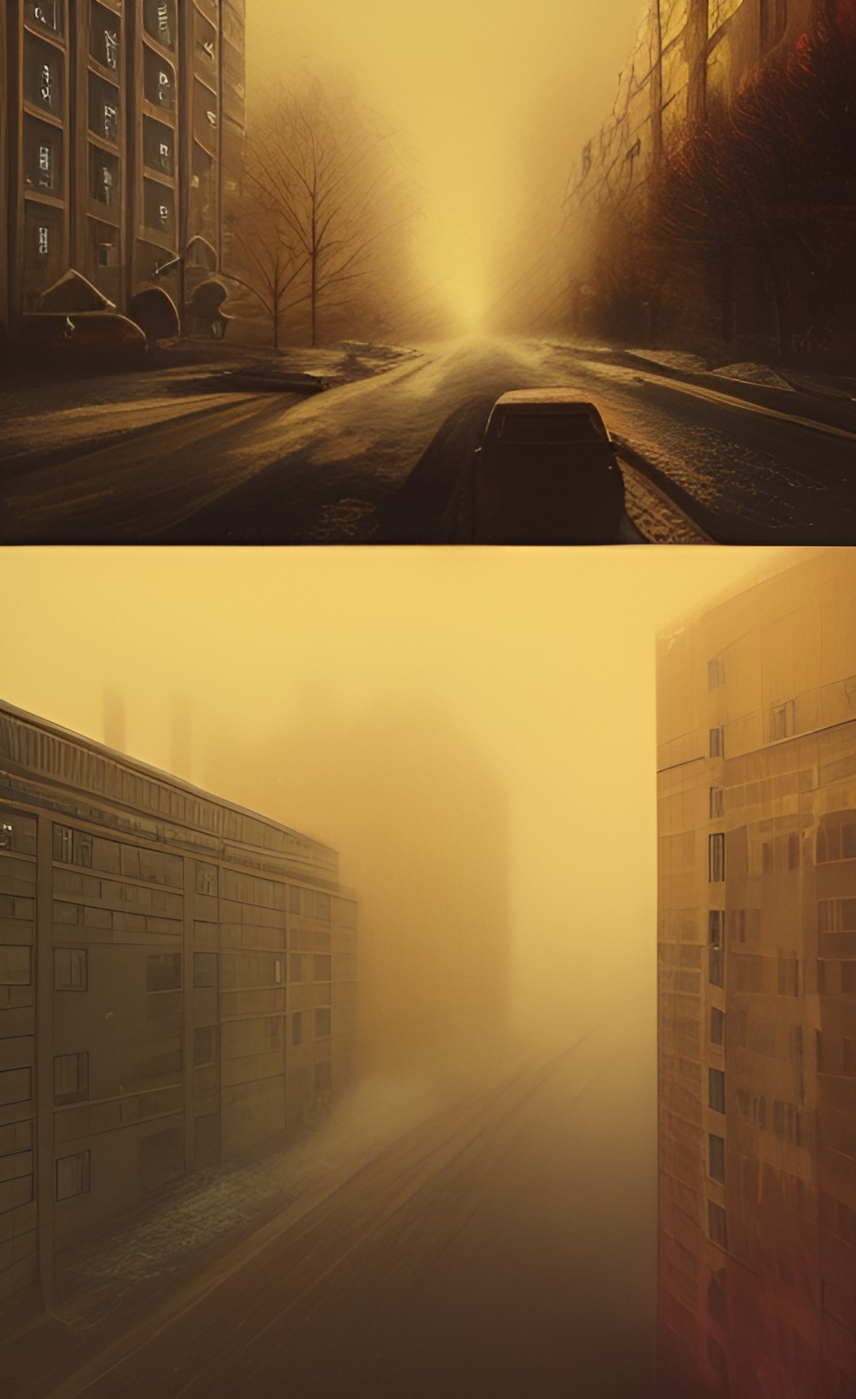 communist apartment buildings, fog, at night, winter preview