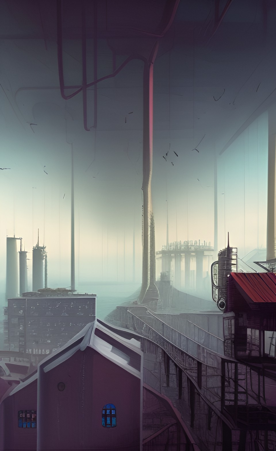 surreal old factory, city in distance, fog preview