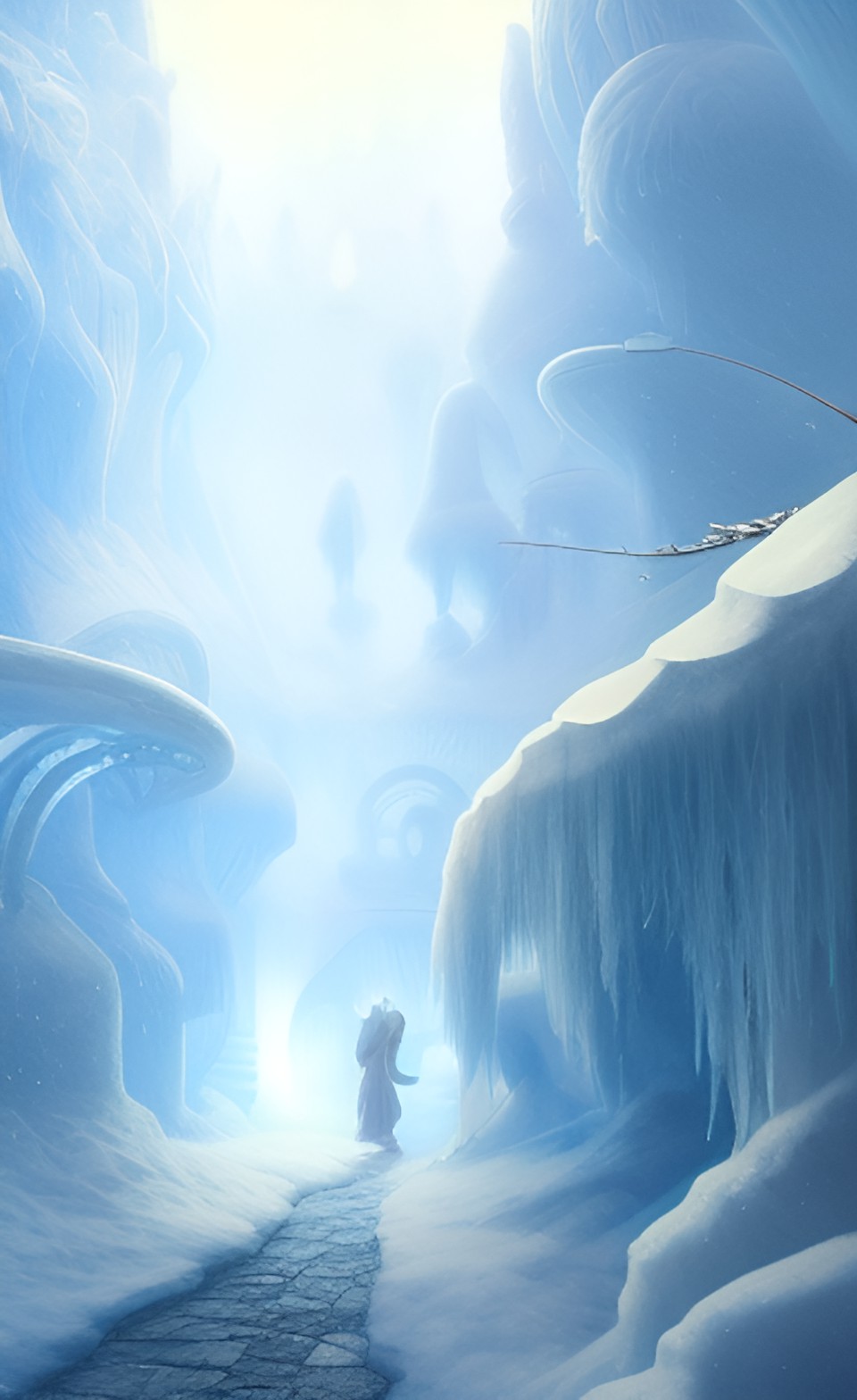 "ethereal winter flowers, carved ice door at the end of ice steps, magical atmosphere, renato muccillo, andreas rocha, johanna rupprecht, beardsley, unreal render, cinematic blue --aspect 9:16 --s 250 preview