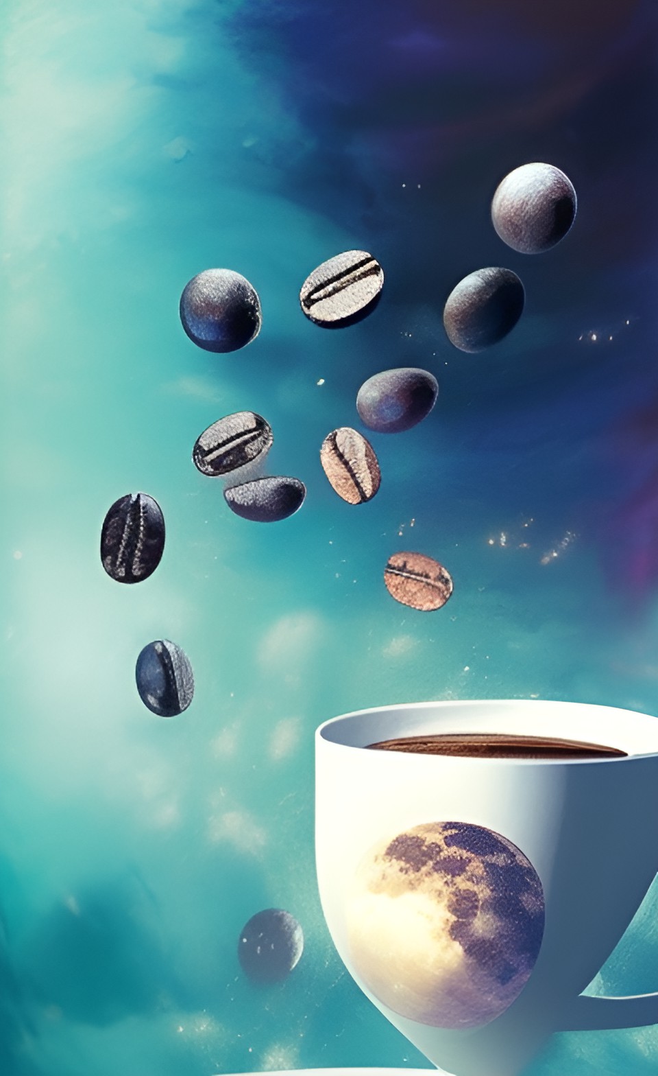 Celestial￼ Caffeine - coffee beans falling over the moon into a cup preview