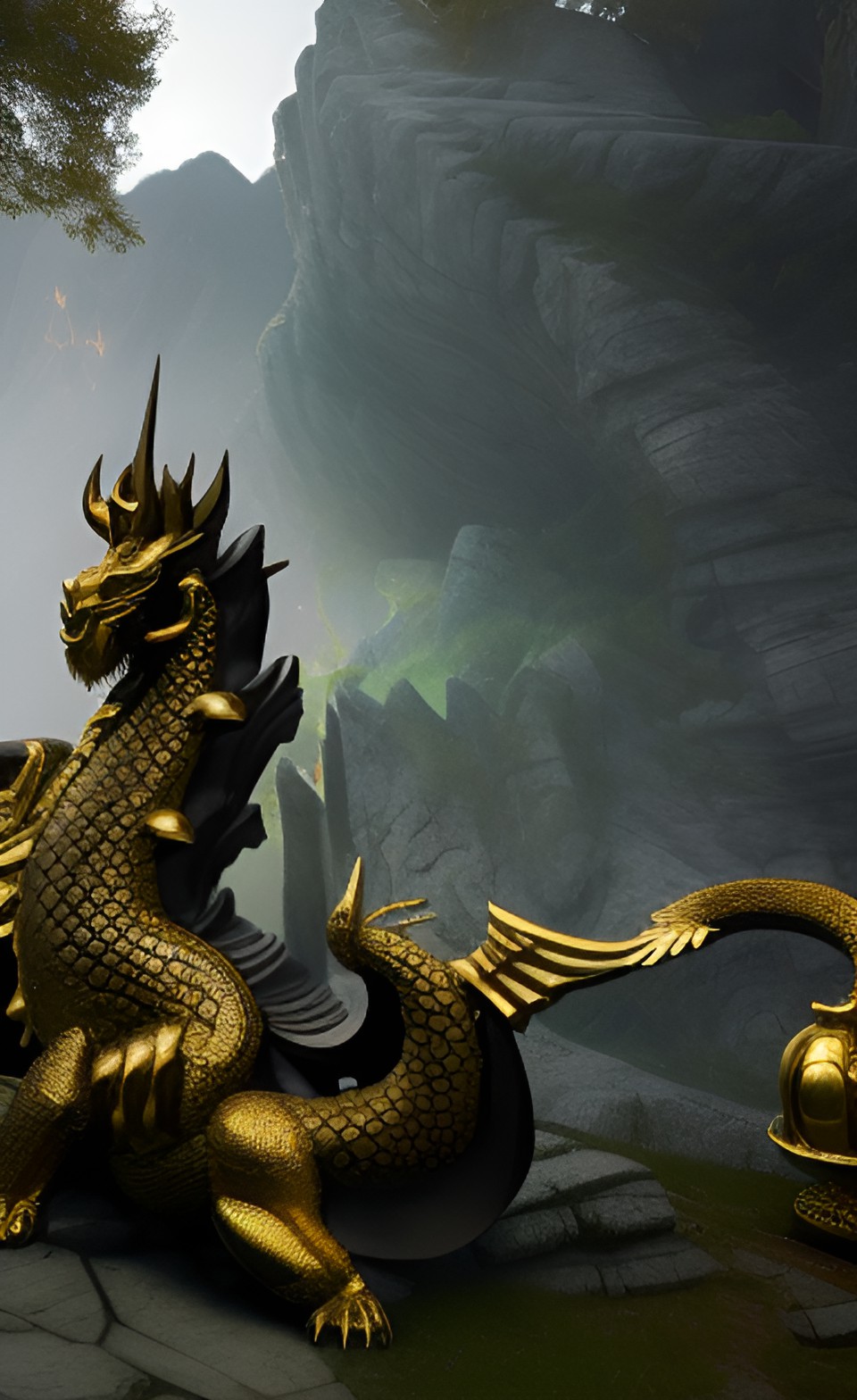 mountain lair of exquisite gold and black quartz with dragon guards and marble statues preview