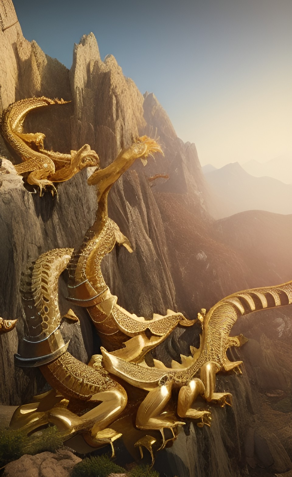 mountain fortress of exquisite gold and black quartz with dragon guards and marble statues preview