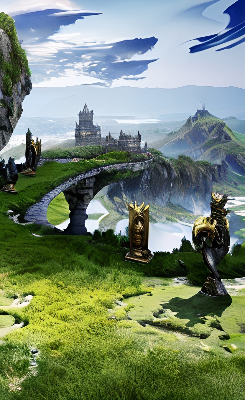 mountain fortress of exquisite gold and black quartz with dragon guards and marble statues preview