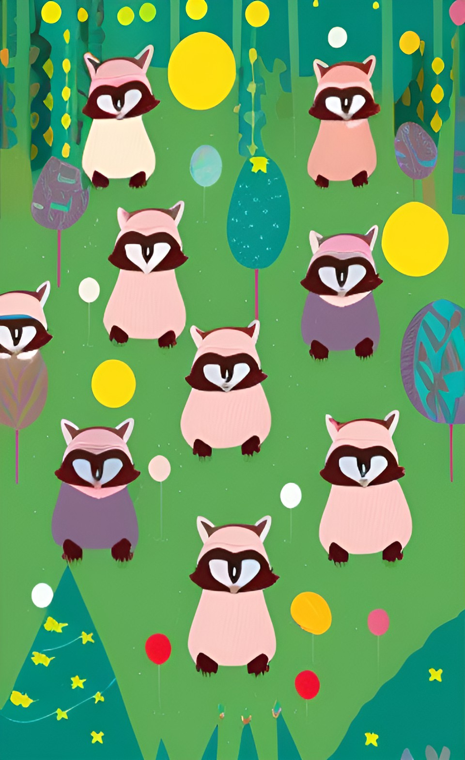 raccoons having a birthday party in the woods, pastel art, technicolor, soft lighting, playful, cute, book cover art preview