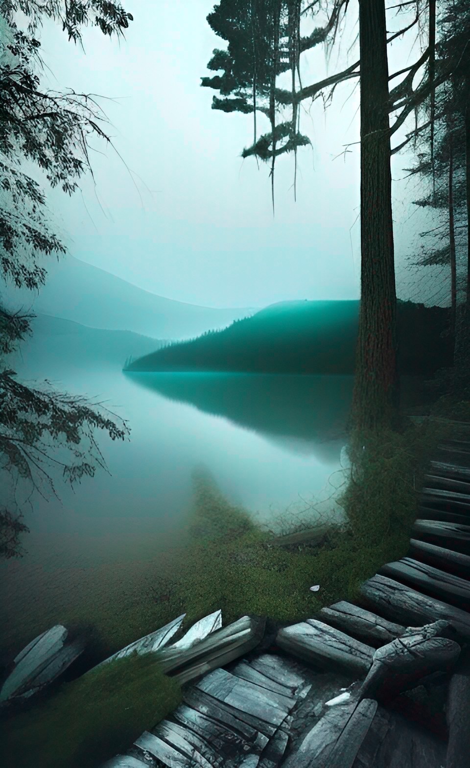 empty misty lake with an island and forest and mountains preview