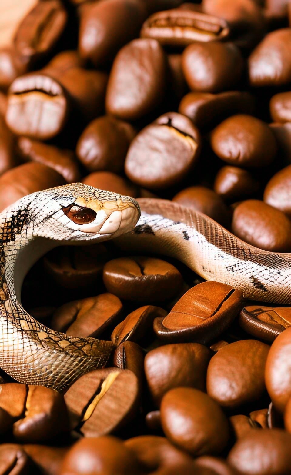 We all need coffee - snake winding through a pile of coffee beans preview