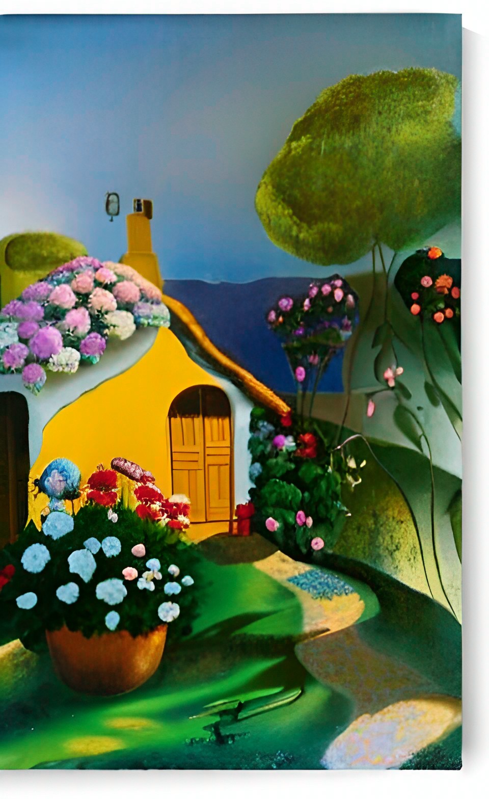 an adorable cottage surrounded by a lush flower garden at golden hour by salvador dalí preview