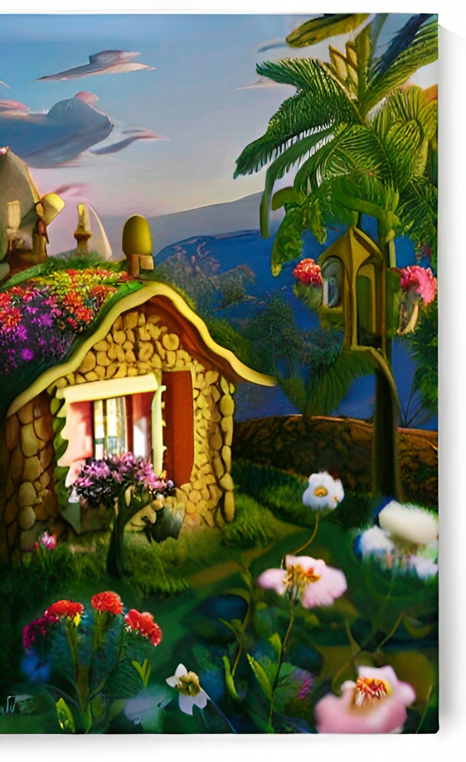 an adorable cottage surrounded by a lush flower garden at golden hour by salvador dalí preview