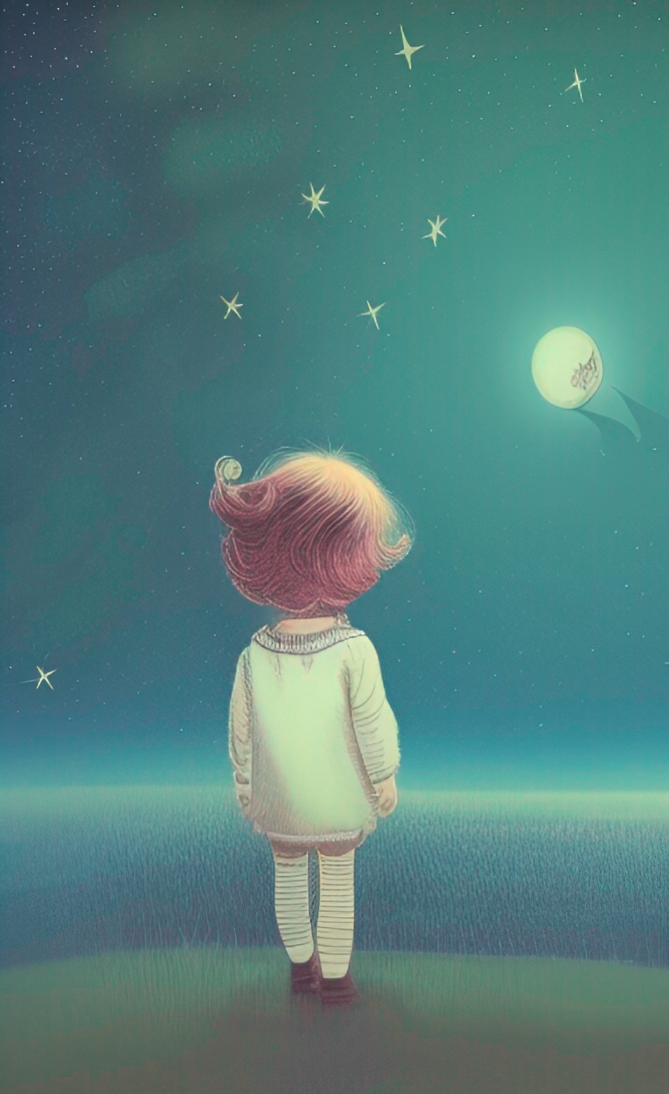 a little doll staring at the moon and the stars preview