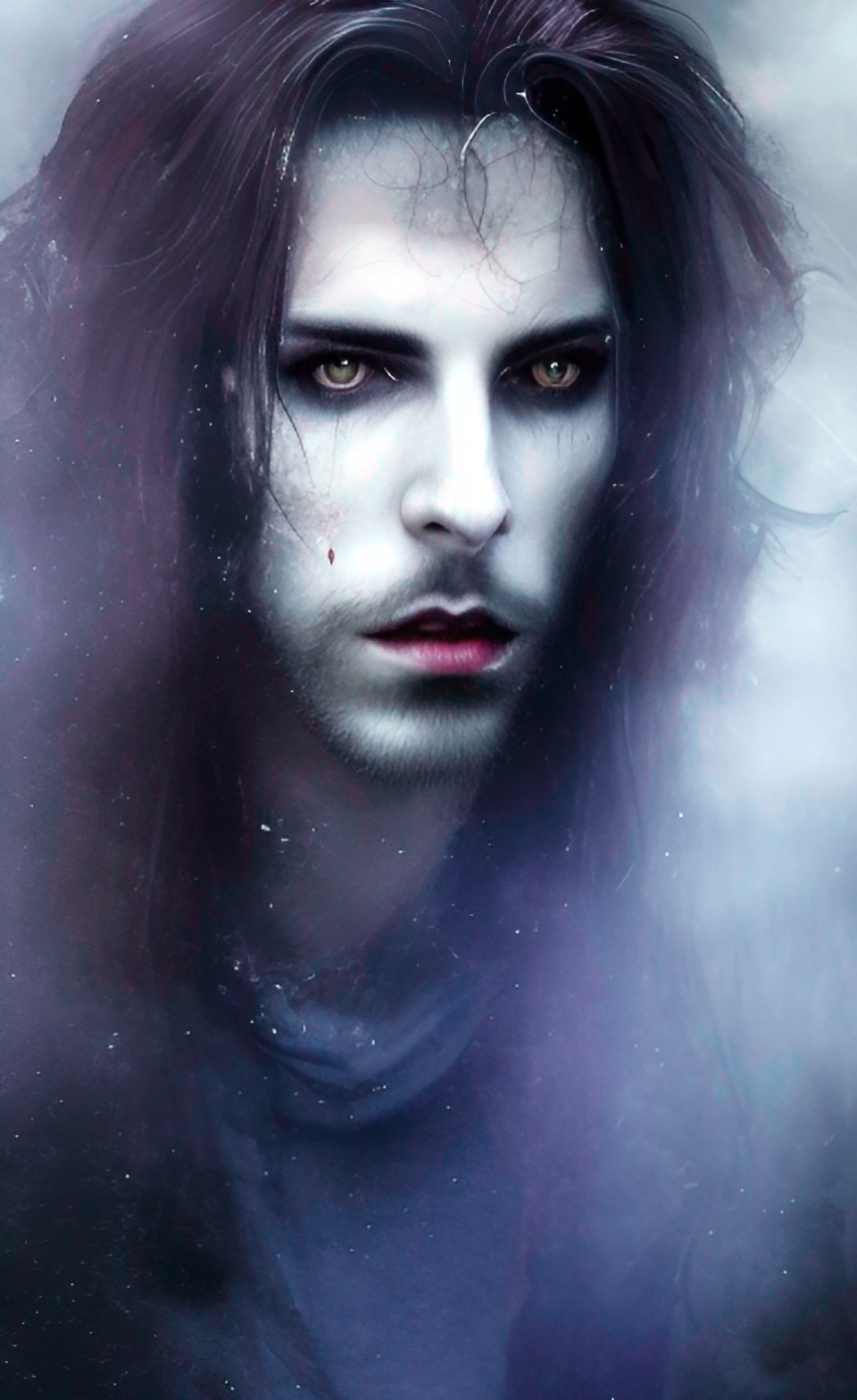 , realistic, vampire, fangs, bite , prince of darkness, mesmerizing, long hair, handsome, luscious lips, light skinned preview