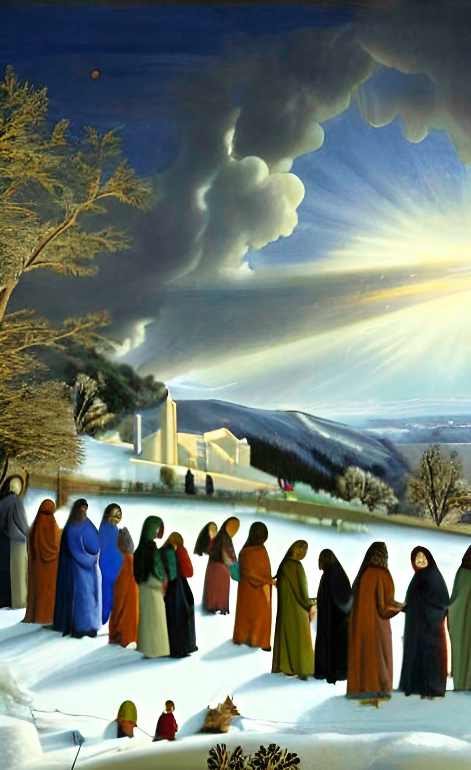 second coming, winter scene, diverse faithful families watching from a hill as the sky splits open and jesus christ returns with the clouds preview