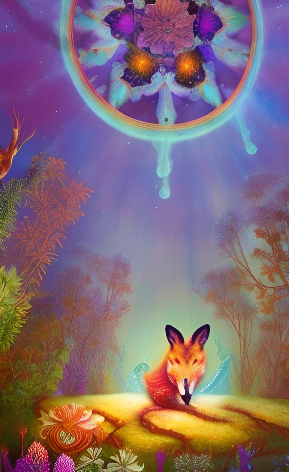 "bioluminescence, water plants,  fantasy forest,  with a fox spirit" preview