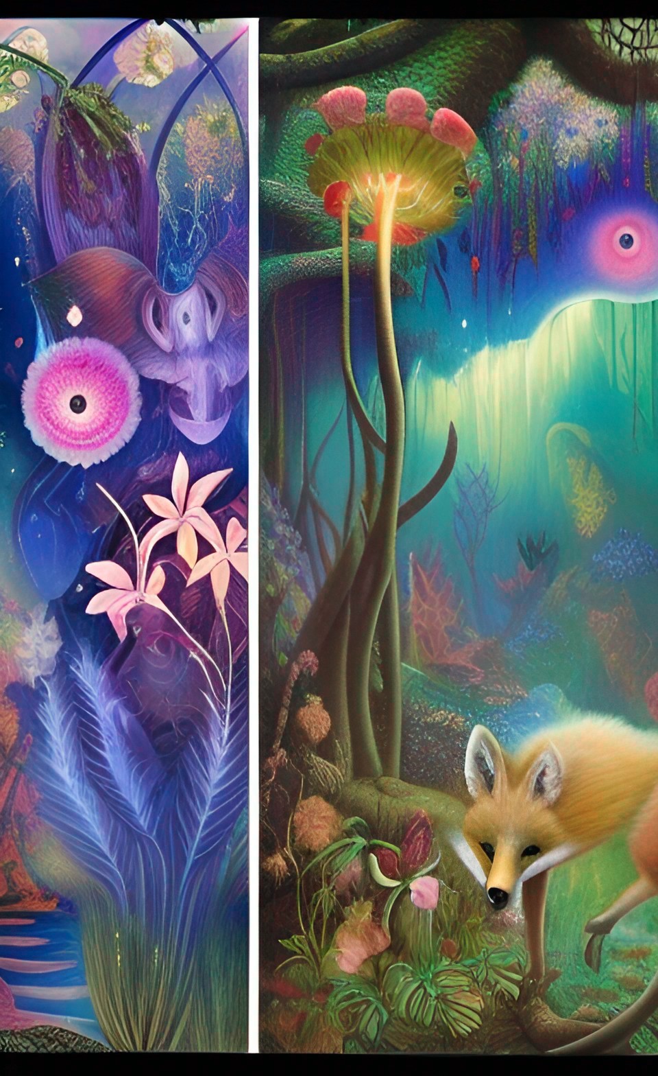 "bioluminescence, water plants,  fantasy forest,  with a fox spirit" preview