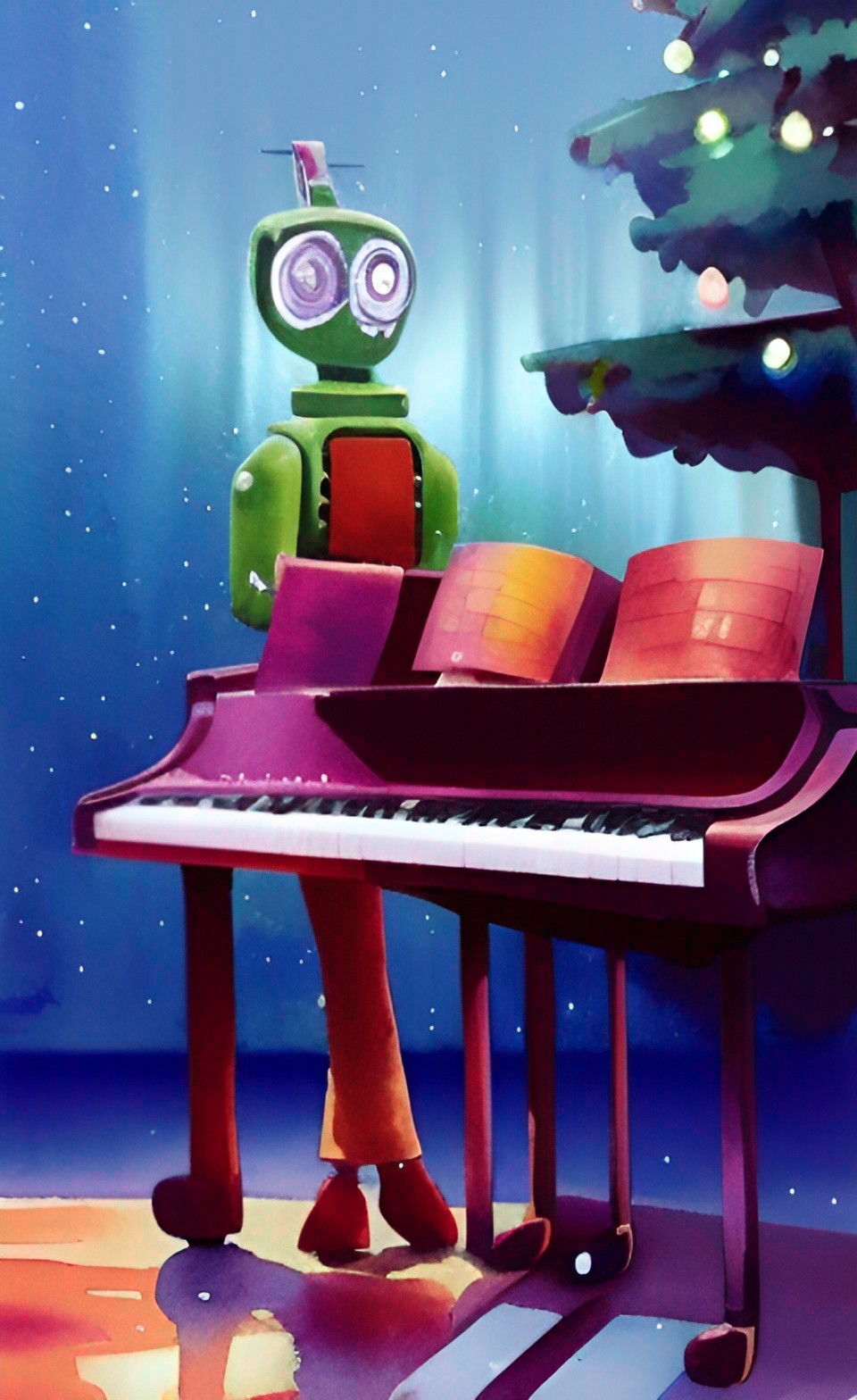 a robot playing the piano in front of a christmas tree preview