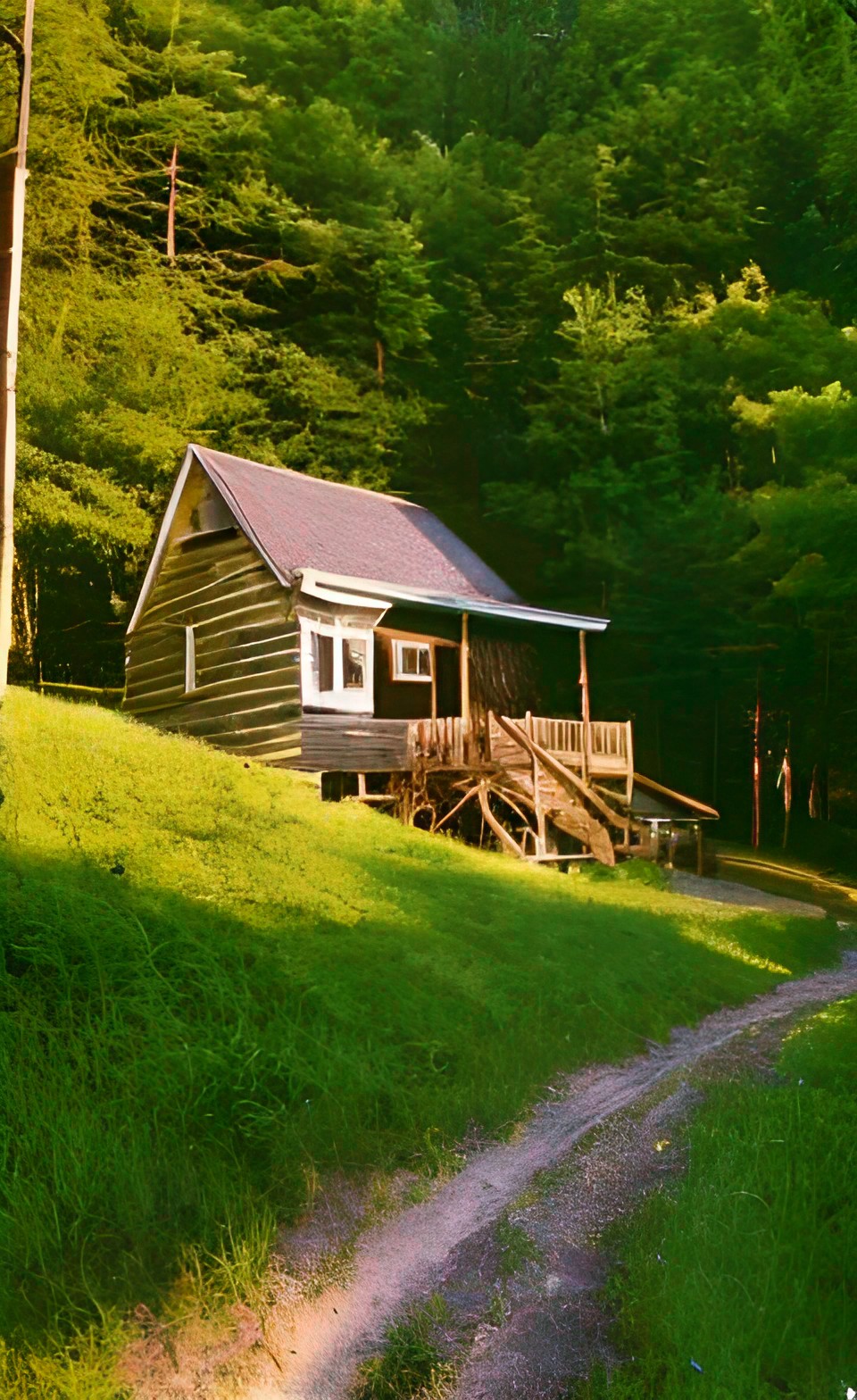 cottage on a wooded hill, golden hour, glittery glossy glowing, dirt path, kodachrome preview