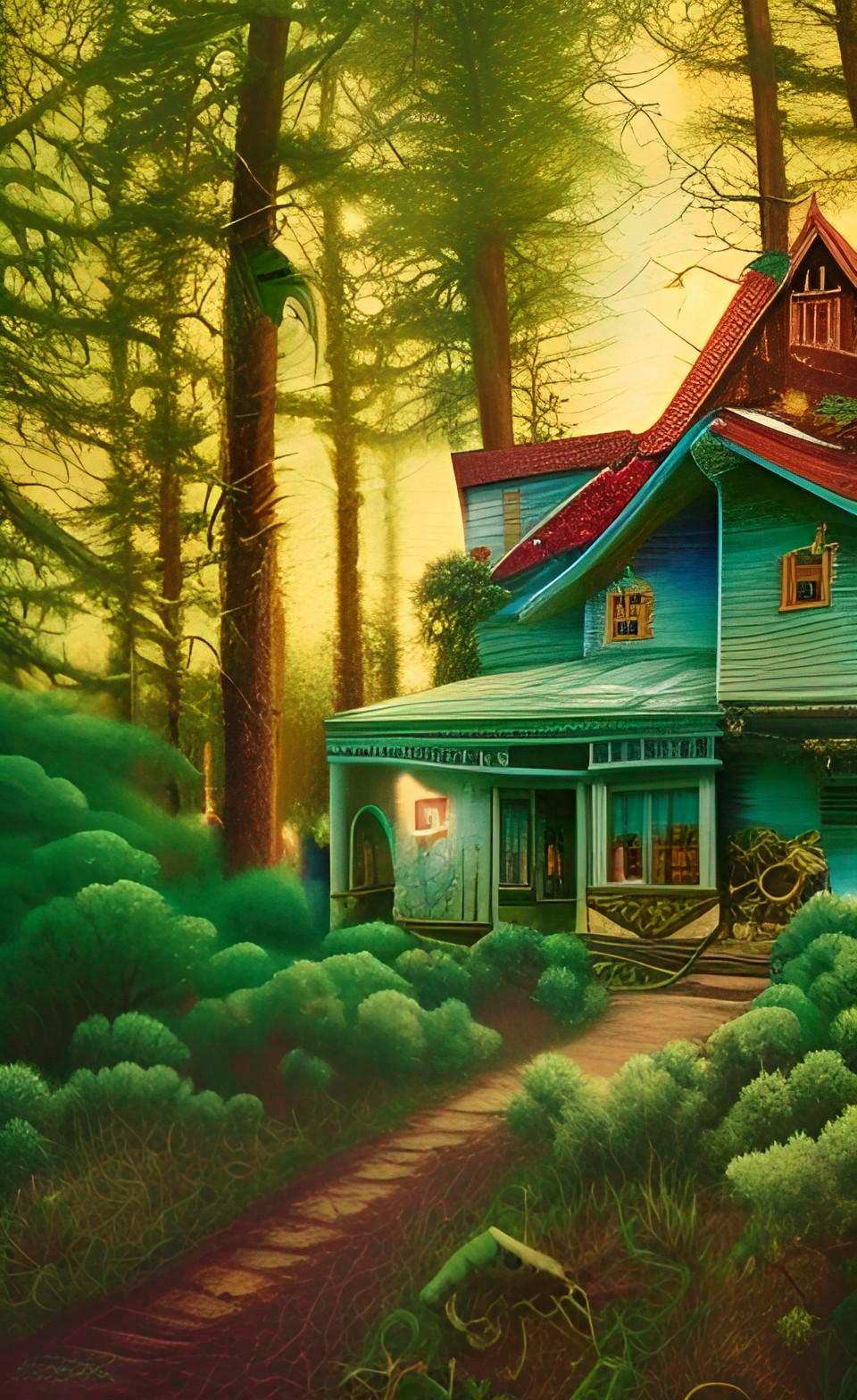 cottage on a wooded hill, golden hour, glittery glossy glowing, dirt path, kodachrome preview