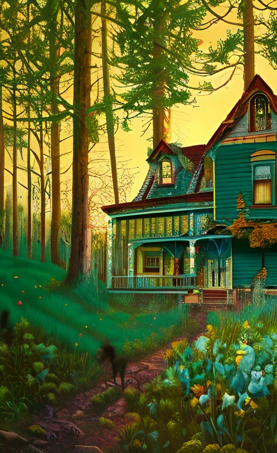 cottage on a wooded hill, golden hour, glittery glossy glowing, dirt path, kodachrome preview