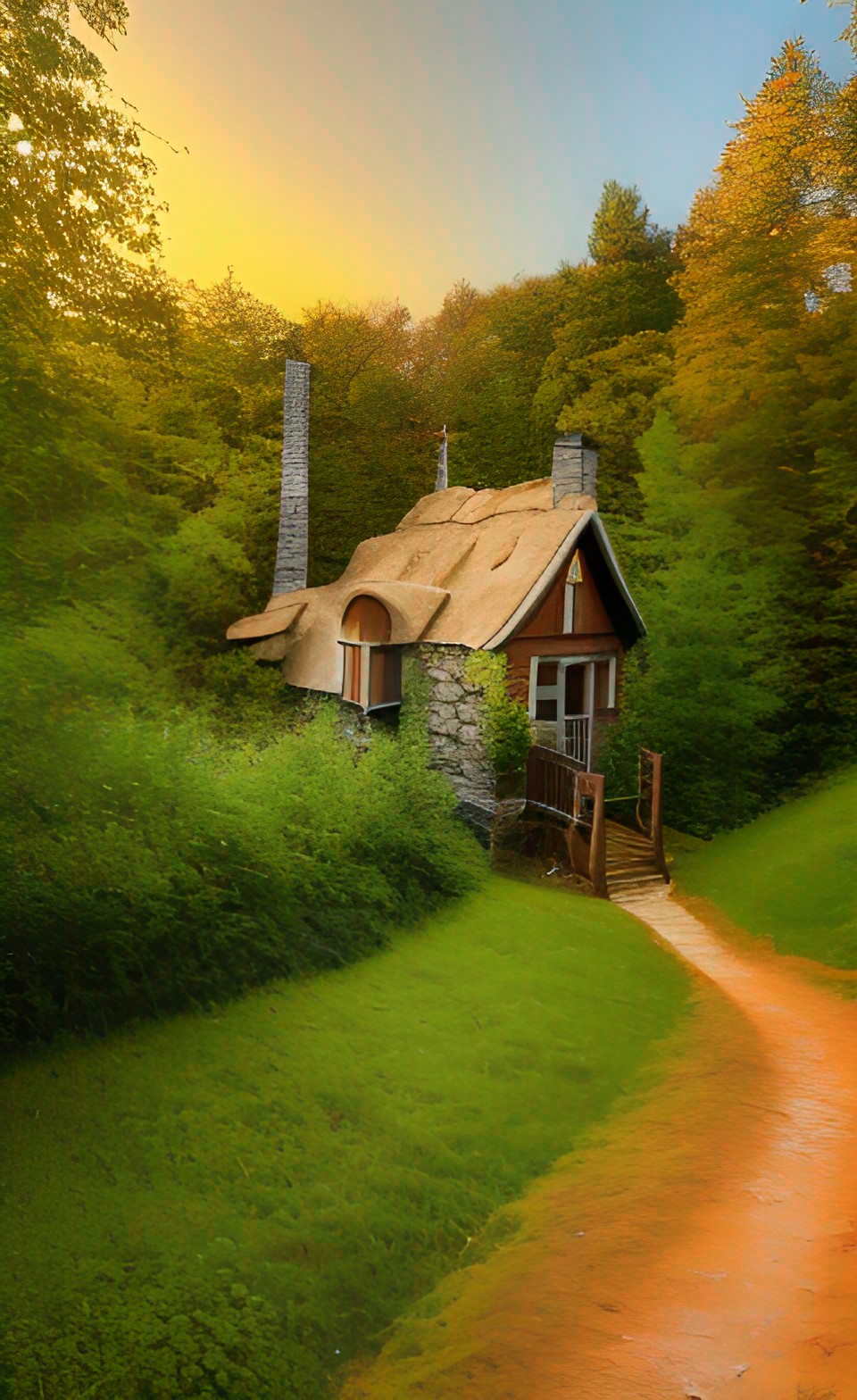 cottage on a wooded hill, golden hour, glittery glossy glowing, dirt path, kodachrome preview