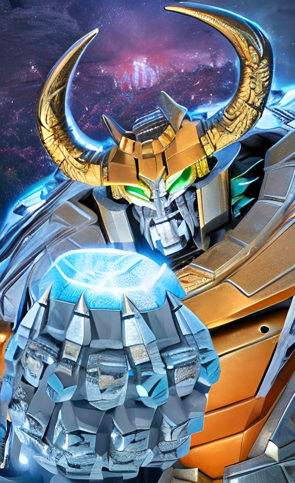 Unicron - transformers, unicron, demon wing, demon horn￼, golden￼ armour￼, green glowing￼ eyes, silver￼ face, detailed￼ face, beard￼, holding￼ planet earth, preview