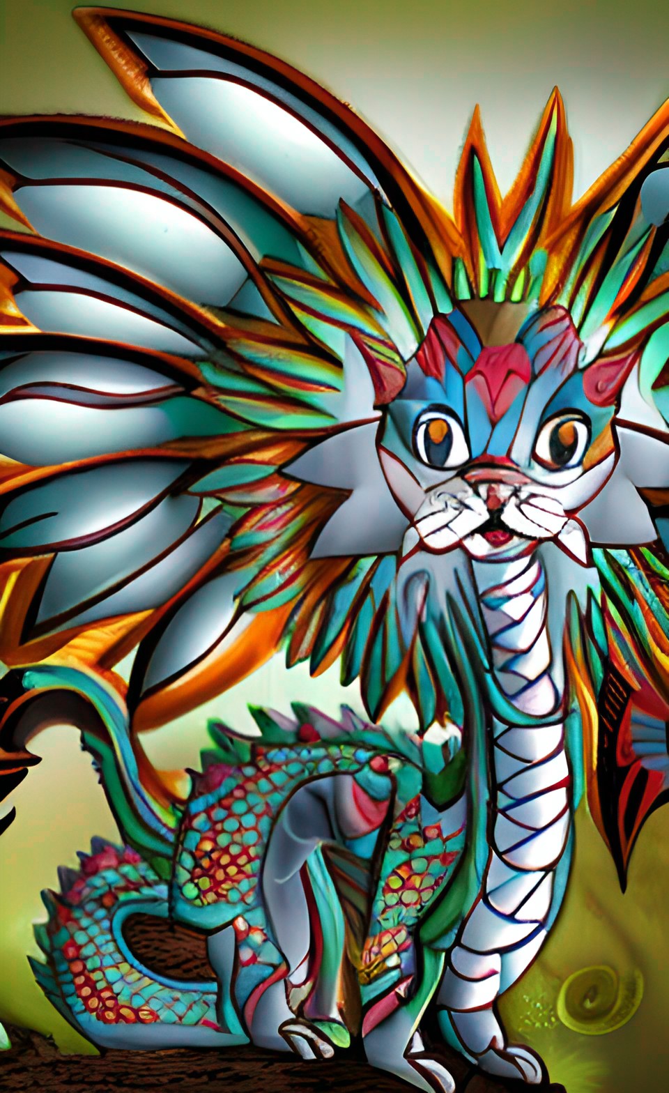 pictures of a dragon with a cat's head and feathers preview