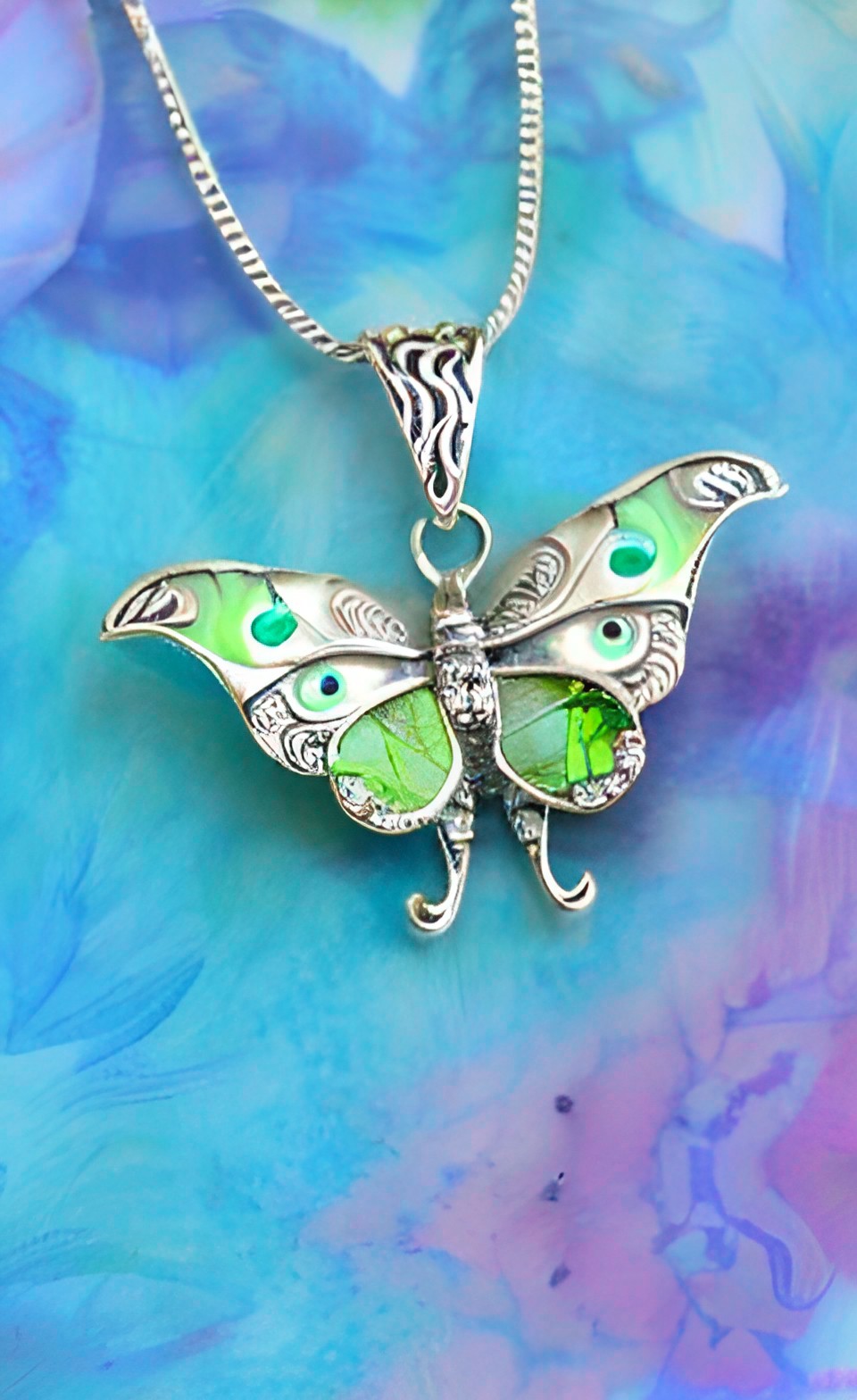 gem jeweled luna moth pendant silver, intricate detail, 8k preview