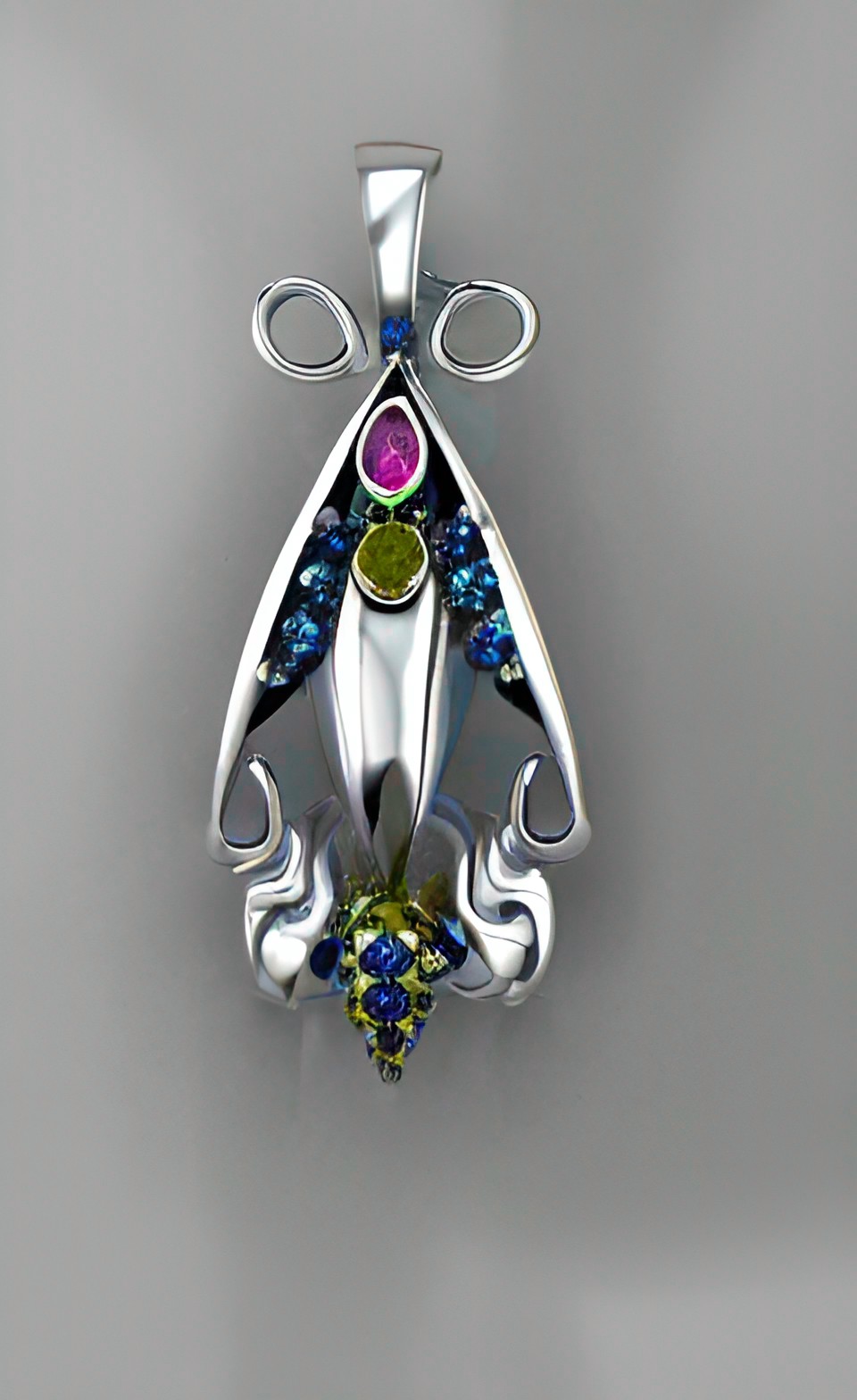 stylized moth pendant, silver, gemstones preview