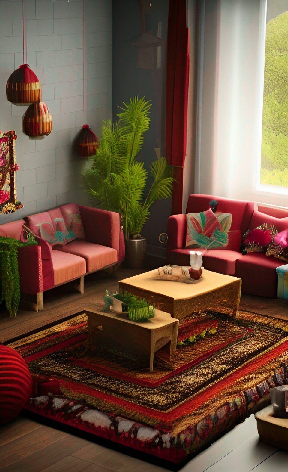 living room with maximalist boho hippie christmas decor, burgundy and gold preview