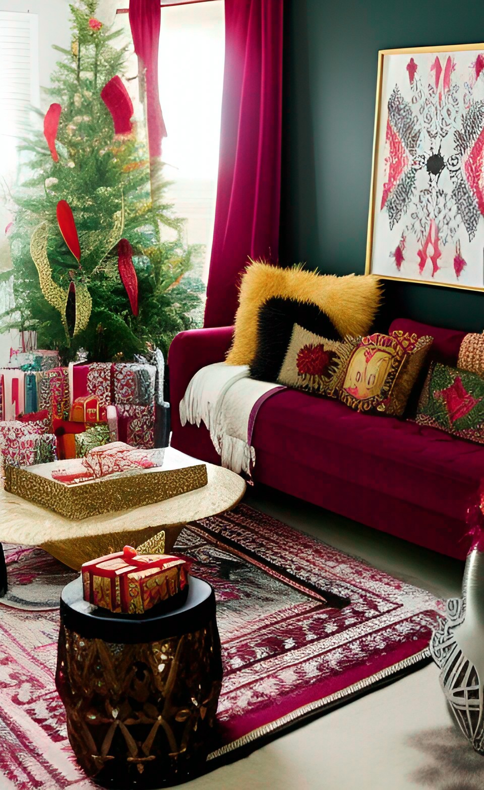 living room with maximalist boho hippie christmas decor, burgundy and gold preview