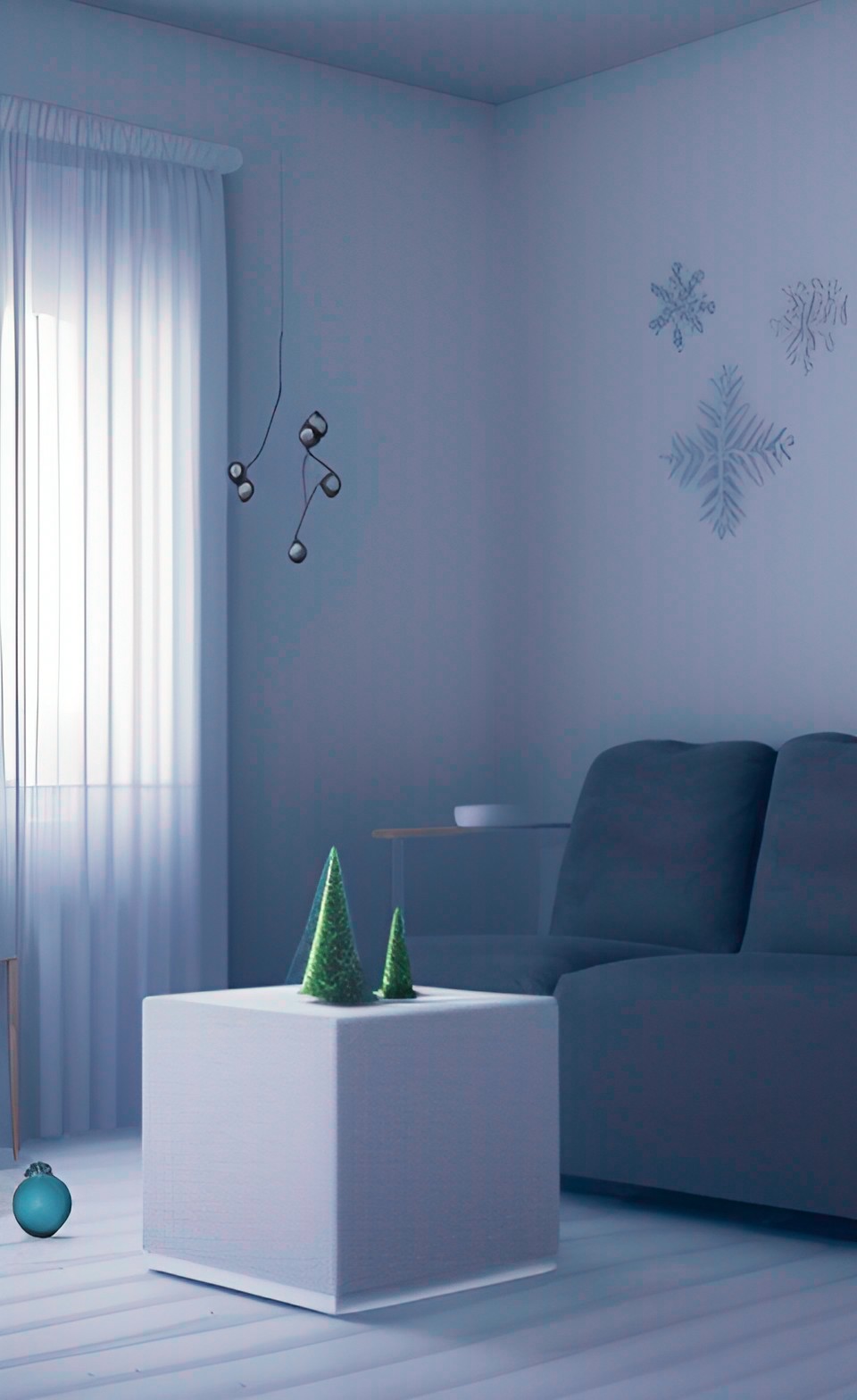 living room with minimalist christmas decor, silver, white, blue preview