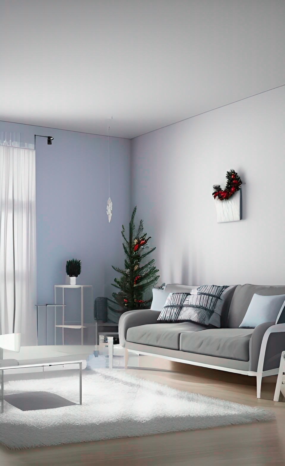 living room with minimalist christmas decor, silver, white, blue preview