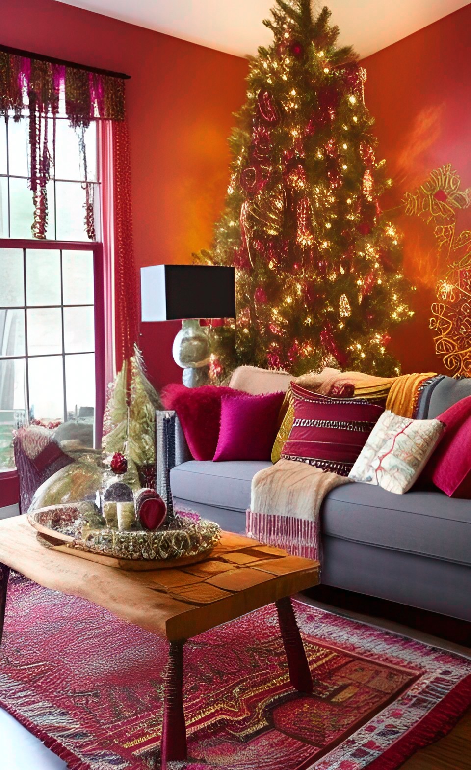 living room with maximalist boho hippie christmas decor, burgundy and gold preview