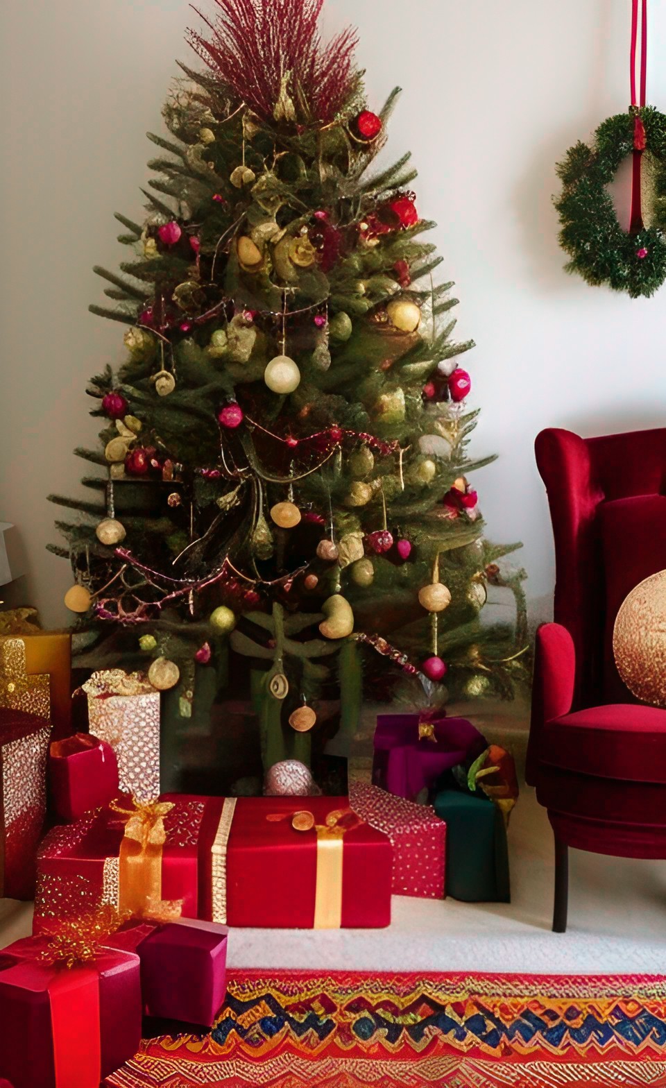 living room with maximalist boho hippie christmas decor, burgundy and gold preview