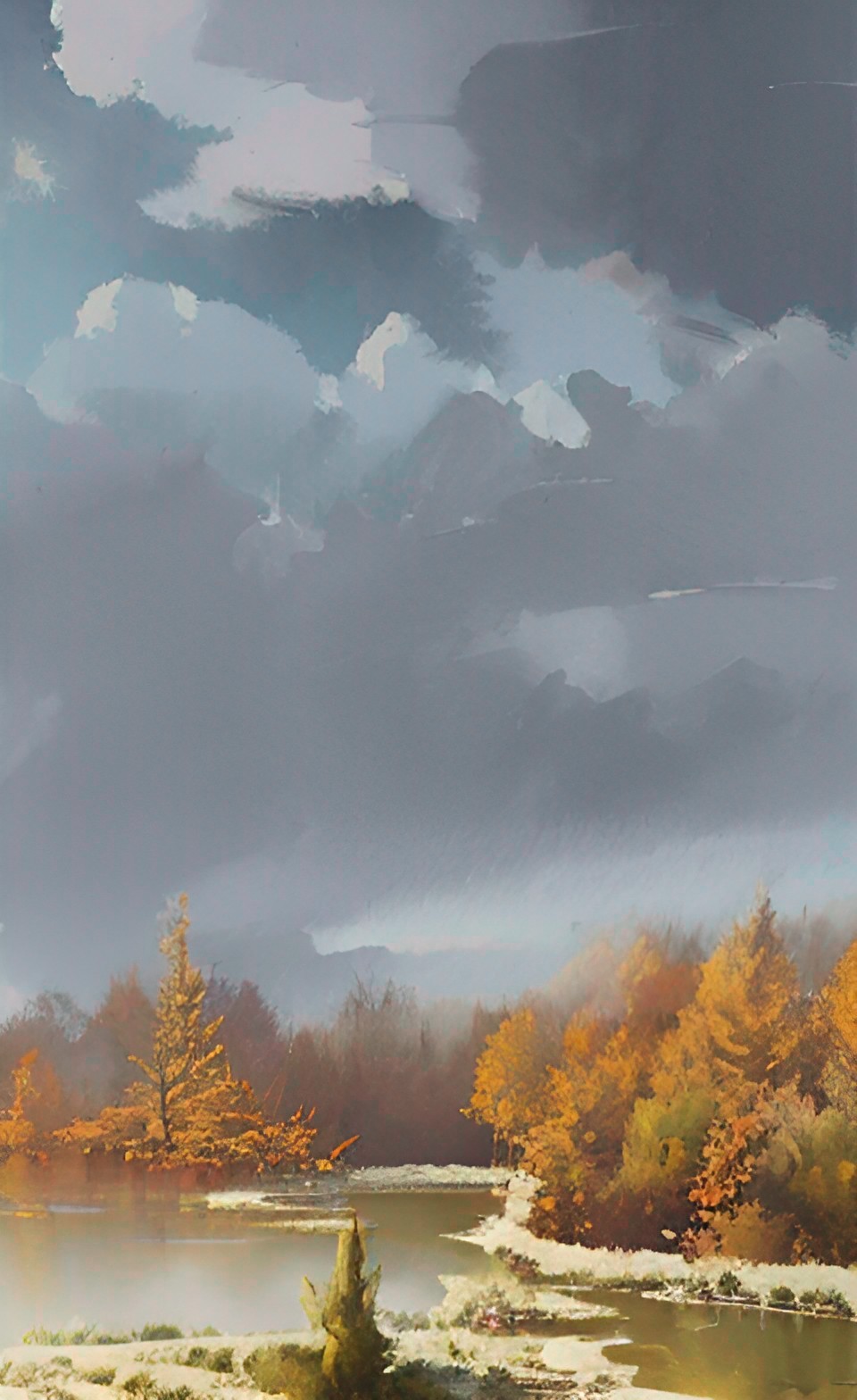 late autumn landscape, snow clouds lake forest preview