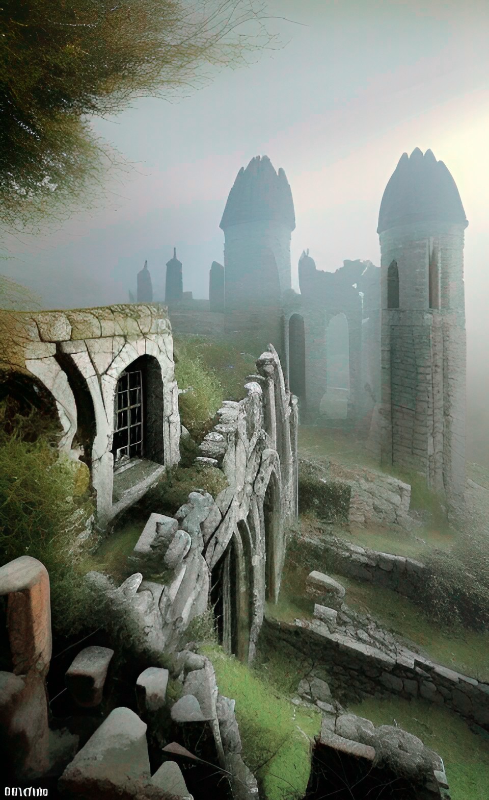 Once Grand, Never - above the spires of a once-grand city, towering ruins, the stone walls are broken and in need of repair. the view is stunning and the atmosphere is eerie. preview