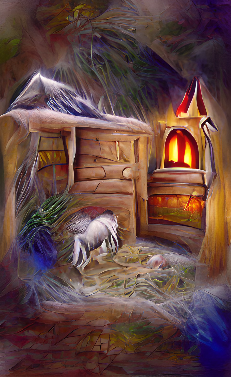 in the dark cold night, the spark of hope is in the manger in the little house, fantasy art preview