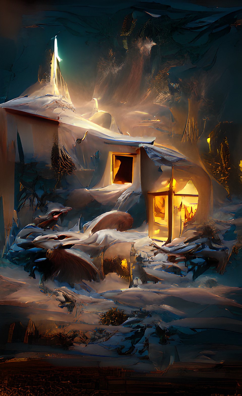 in the dark cold night, the spark of hope is in the manger in the little house, fantasy art preview