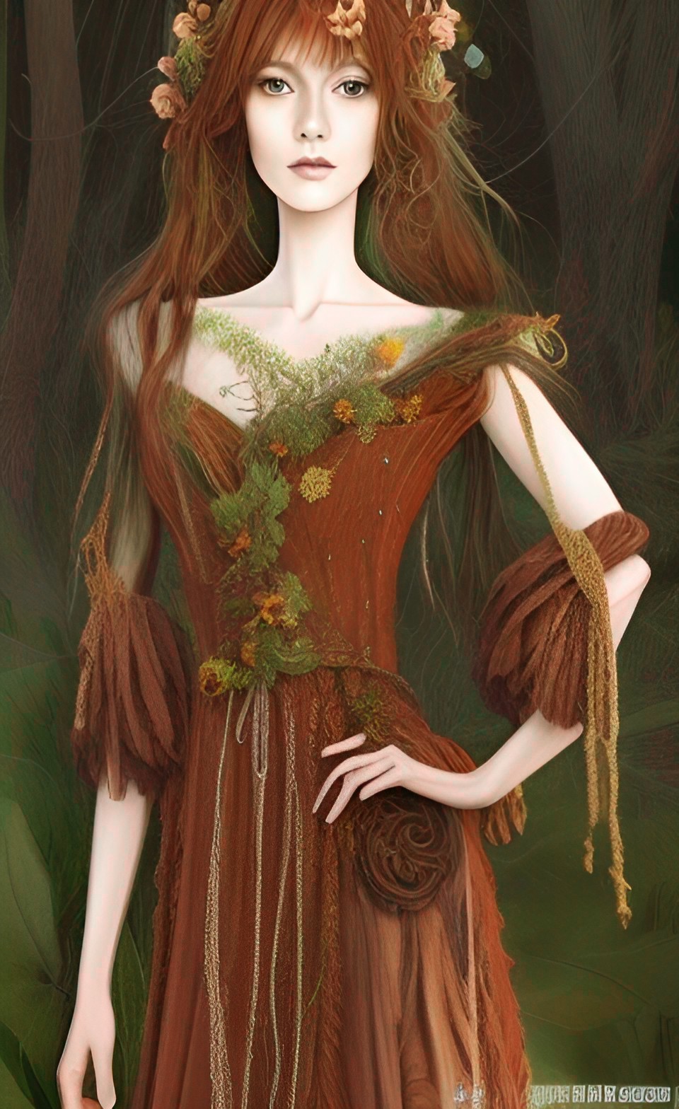 forest goddess wearing silk gown, auburn hair, pretty face expressive eyes preview