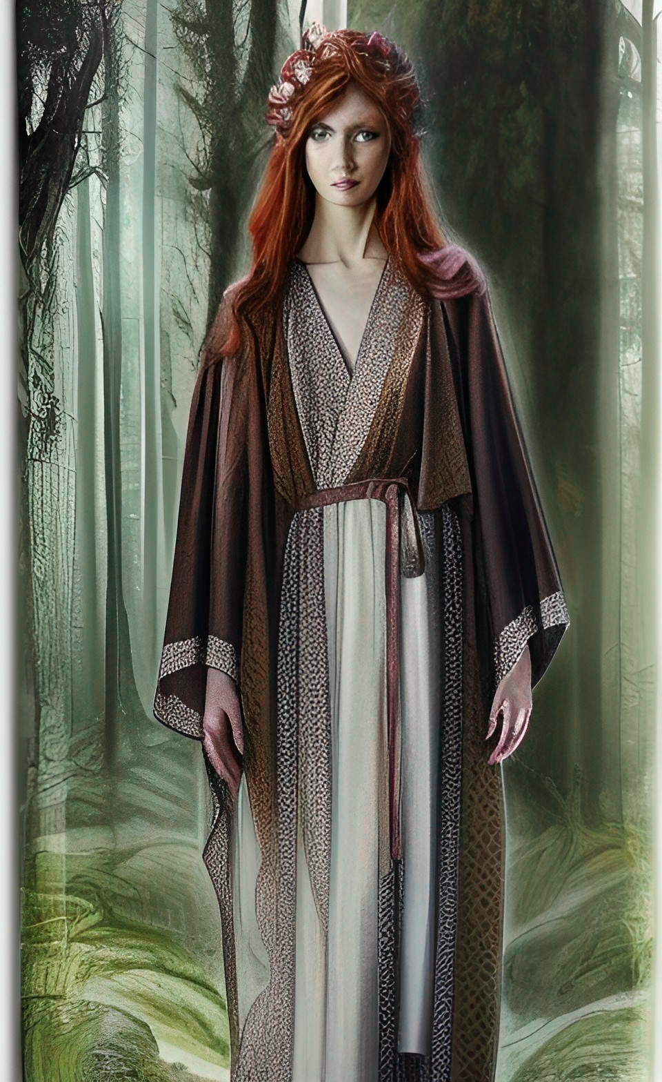 forest goddess wearing silk robes, auburn hair, pretty face expressive eyes preview