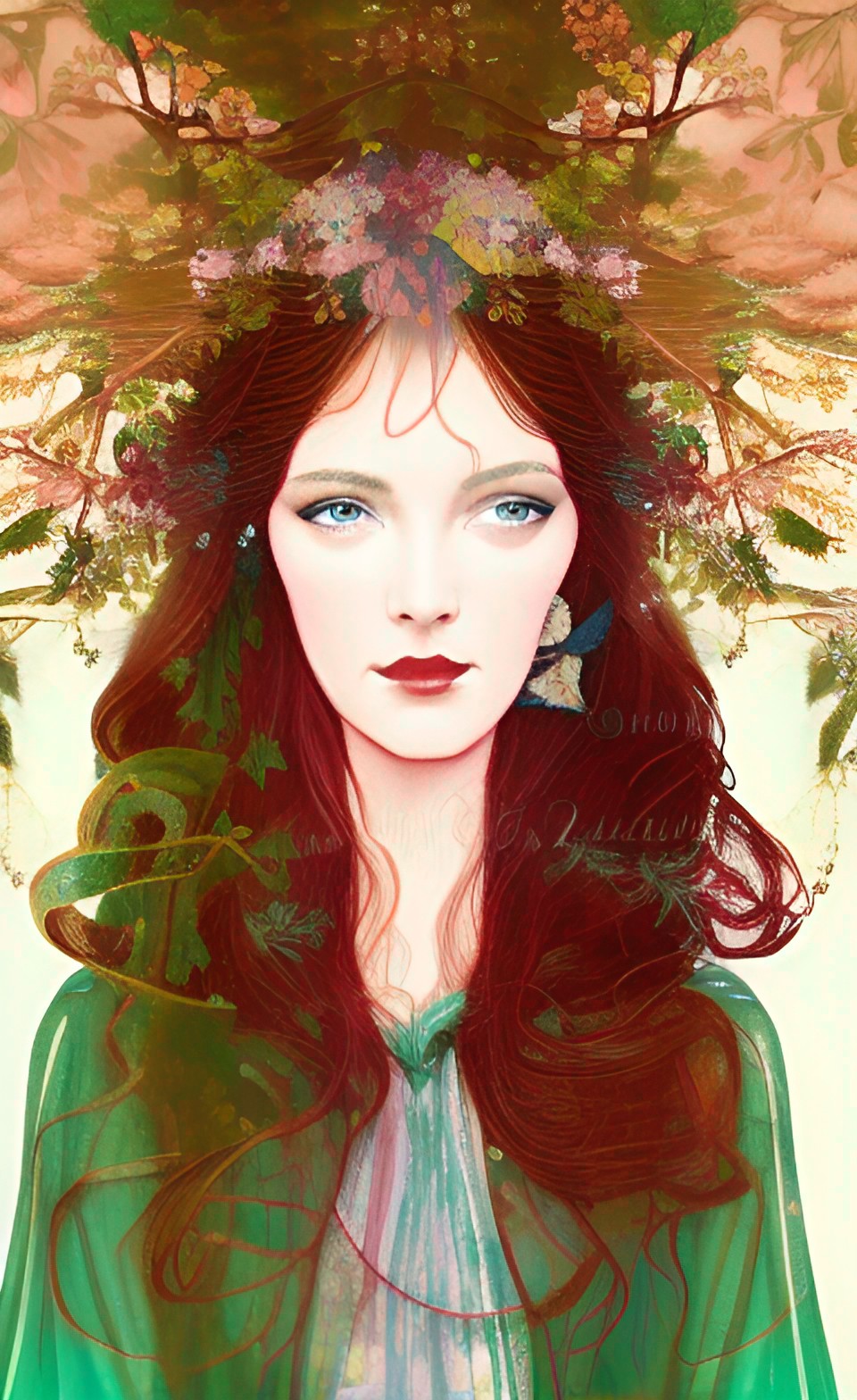 forest goddess wearing silk robes, auburn hair, pretty face expressive eyes preview